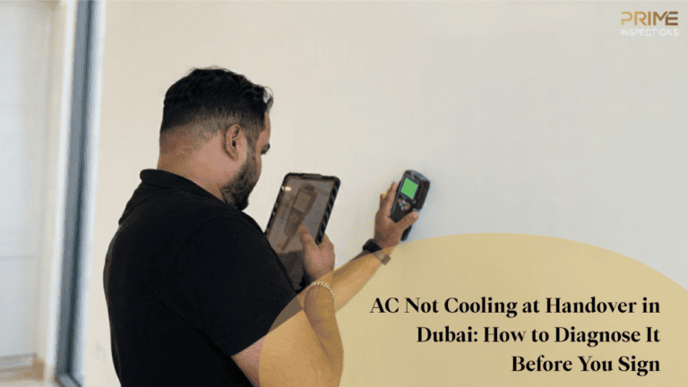 Engineer inspecting a Dubai apartment air conditioning system during handover, checking cooling performance, fan coil unit, thermostat, and HVAC components before the buyer signs acceptance.