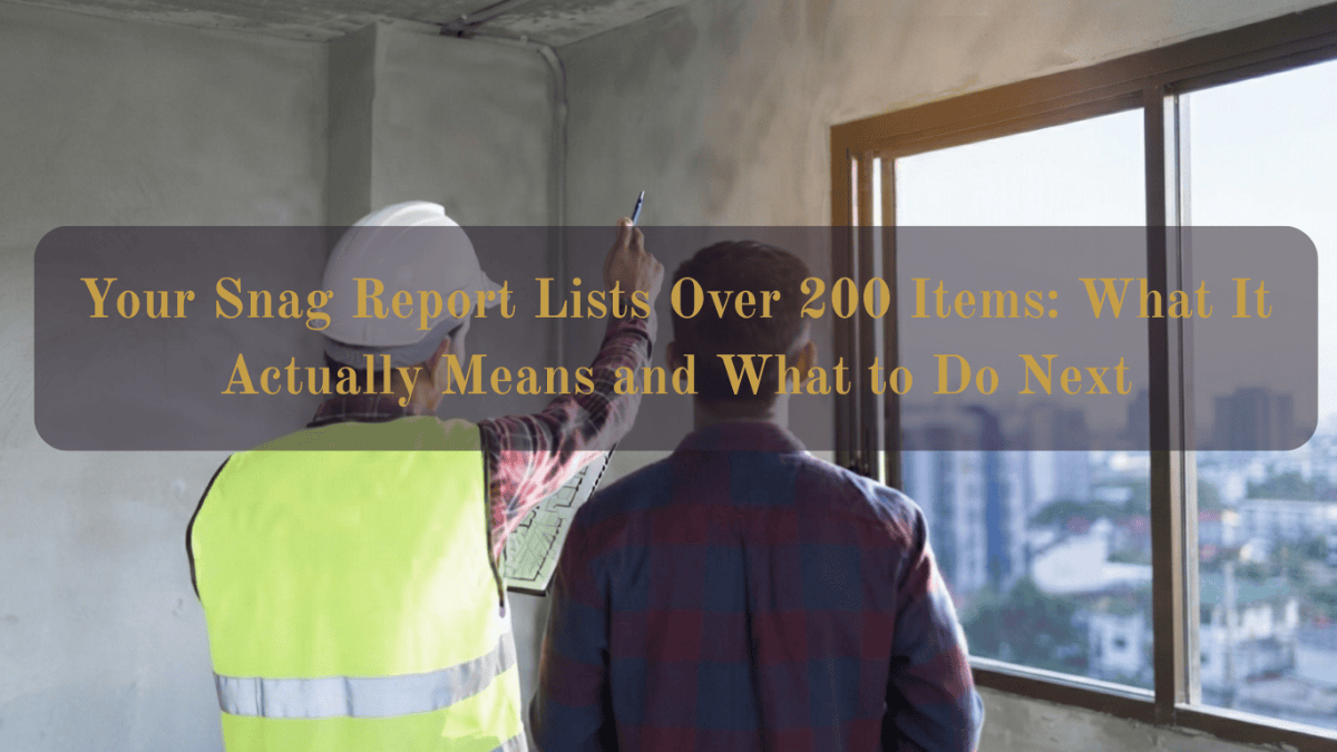Engineer reviewing a Dubai villa snagging report with over 200 defects, categorising issues by severity before property handover acceptance and developer rectification.