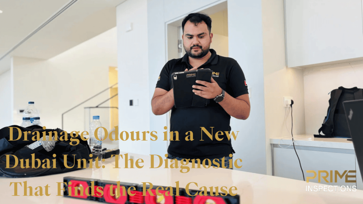 Home inspector checking a bathroom floor drain and plumbing trap in a new Dubai apartment to identify the source of drainage odours during a professional snagging inspection.