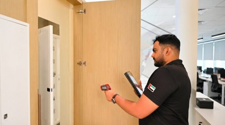 Engineer inspecting a Dubai apartment without DEWA power during property handover, documenting visual defects and preparing a partial snagging report before utility activation.