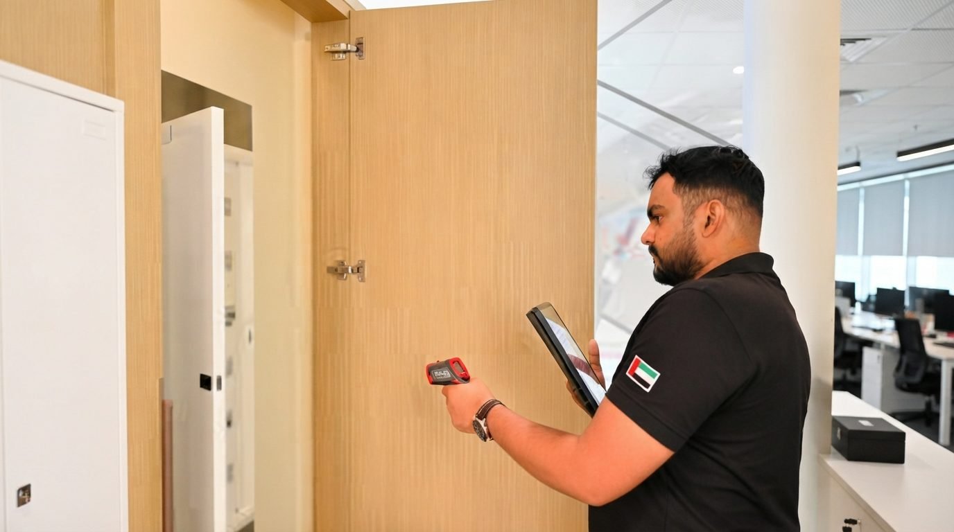 Engineer inspecting a Dubai apartment without DEWA power during property handover, documenting visual defects and preparing a partial snagging report before utility activation.
