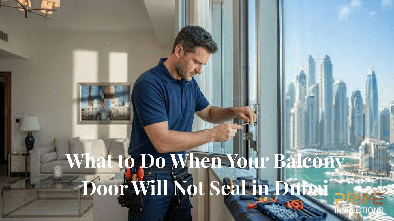 Inspector testing a balcony sliding door seal in a Dubai apartment using the paper test to identify air, dust, and water leakage around the frame.
