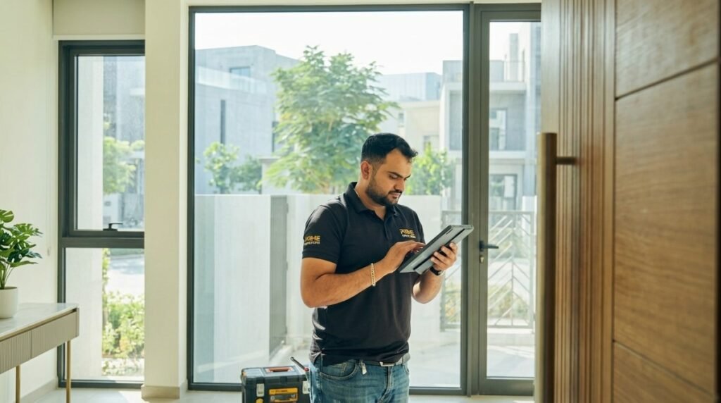 Property inspector checking access permission at a Dubai building lobby