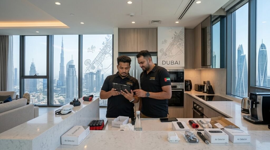 Inspector checking wall paint defects during Dubai apartment snagging