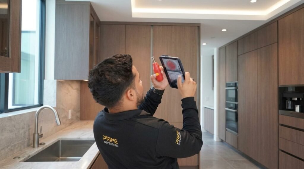 Inspector checking a damp patch on a bathroom ceiling in a Dubai apartment